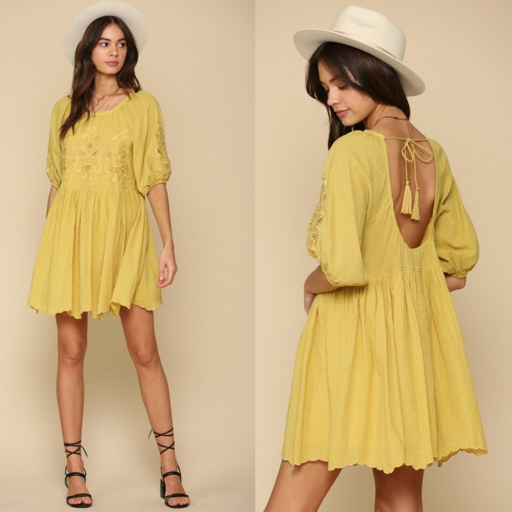 Boho Embroidered Yellow Peasant Dress - Picture 1 of 7
